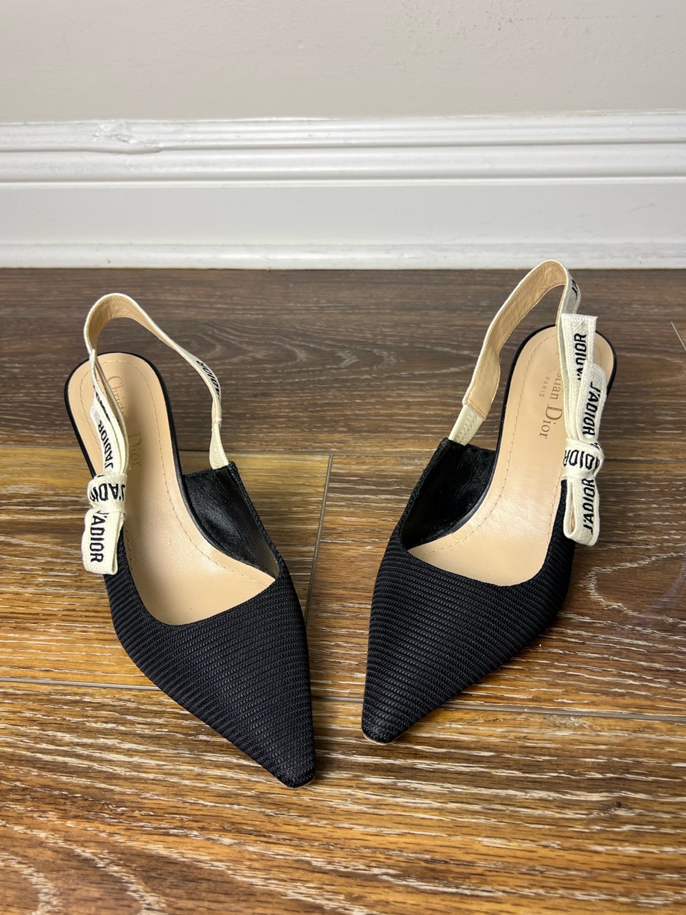 Dior J'Adior Slingback Pumps 38 Black Technical Fabric Logo Kitten Heels Italy